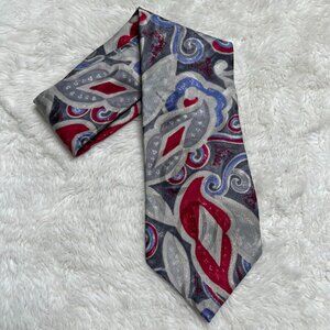 Vintage Oscar de la Renta Men's Grey Red 100% Silk Abstract Print Tie